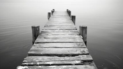 Fototapeta premium Black and white image of a serene old pier, with a focus on the weathered wood and the calm, peaceful water beneath
