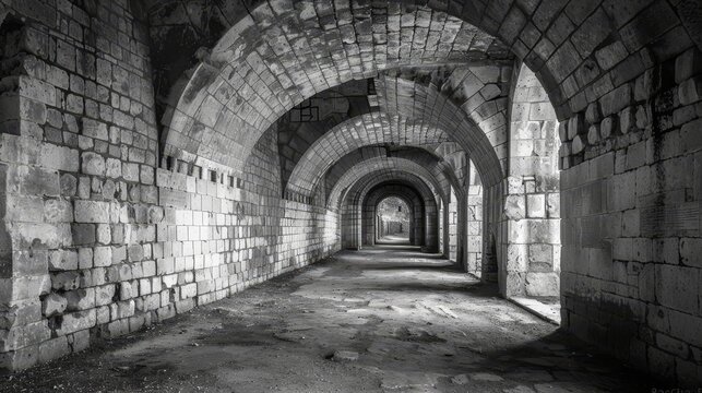 Black and white image of a massive, ancient fortified tunnel with heavy gates, showcasing the architectural prowess of ancient times