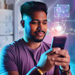 person engaging with a digital health tool, such as a mindfulness app, with a calming and futuristic aesthetic