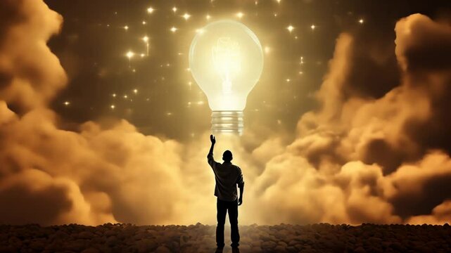 Bright Idea Concept Art Featuring a Man Reaching For a Light Bulb Hovering in a Starry Sky