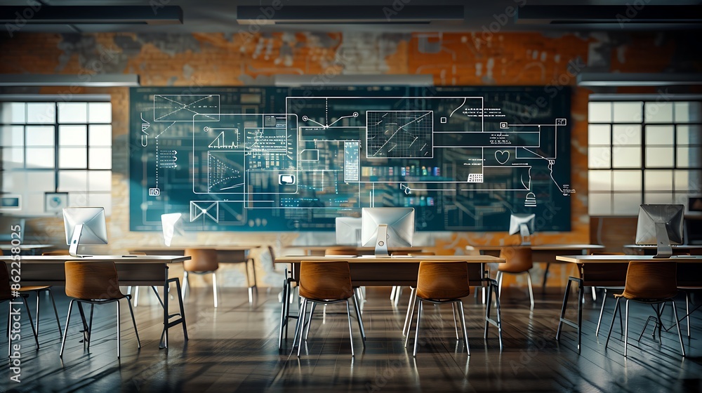 Poster an empty classroom with desks and chairs, digital illustration of computer code floating above the t