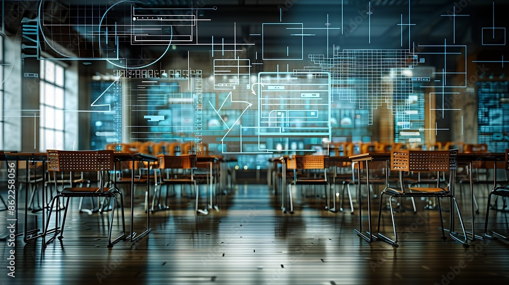 Poster an empty classroom with desks and chairs, digital illustration of computer code floating above the t