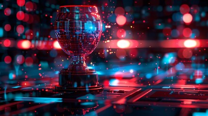 Obraz premium A futuristic 3D visualization of a trophy with holographic features, illustrating a modern approach to winning and accomplishment.