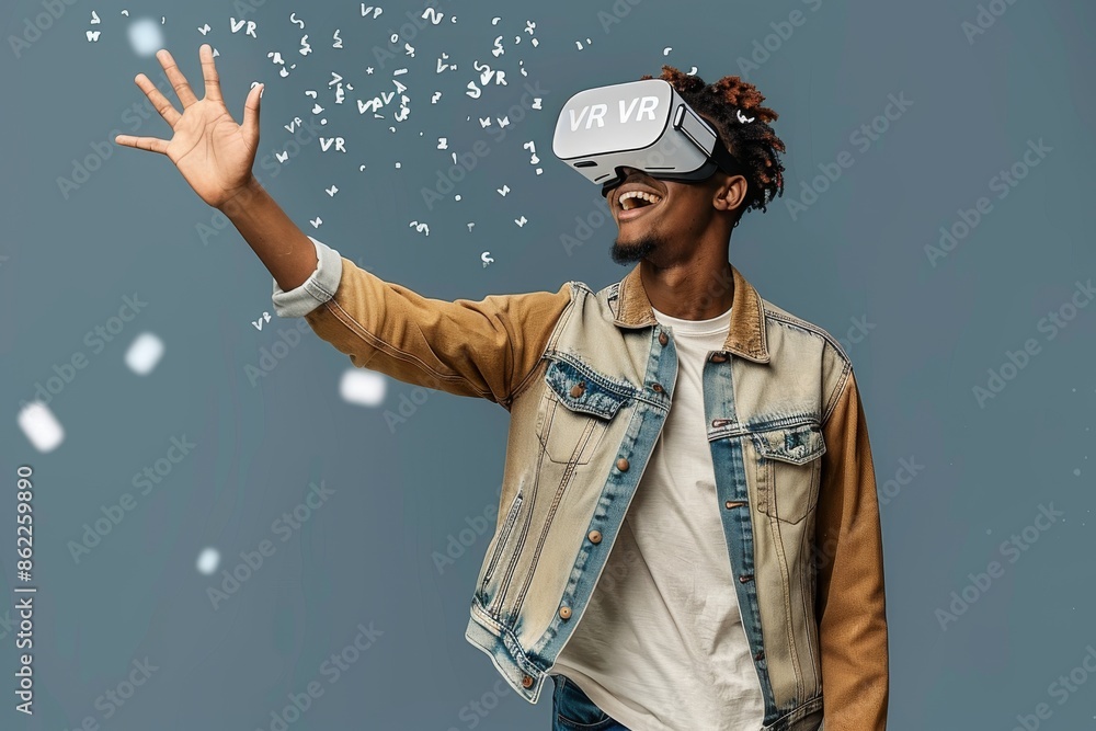 Aufkleber man experiencing vr with digital effects in high tech environment