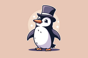 Obraz premium Minimalist cartoon illustration of a playful penguin with a top hat, set against a soft background with free space around it.