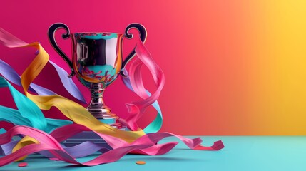 A vibrant 3D illustration of a trophy with colorful ribbons flowing around it, celebrating vibrant success.