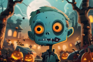 A cute cartoon zombie character for a Halloween card, featuring an adorable and friendly undead figure with big eyes and a gentle smile. 