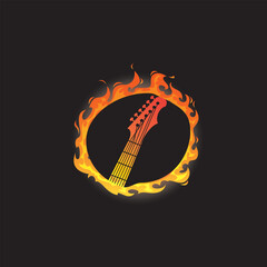electric guitar with burning flames, vector logo icon