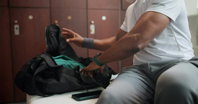 Black man, locker room or water with bag for workout, preparation for exercise in gym. Mature, male person or fitness with hands and backpack for plan, smart watch for health goals or sport training