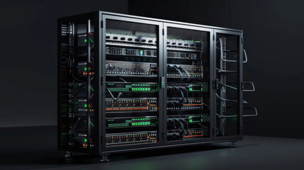 A server rack within a data center, symbolizing security, and robust networking capabilities. Ideal for illustrating IT infrastructure, cybersecurity, and data management concepts.