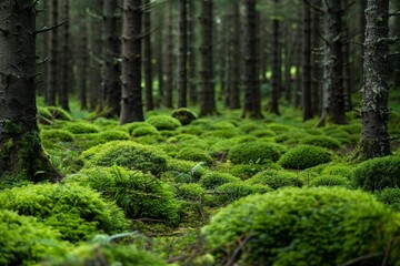 Obraz premium A serene landscape of an Irish forest adorned with healing moss, capturing the tranquil beauty and therapeutic essence of nature, ideal for showcasing natural remedies, wellness retreats, or eco-frien