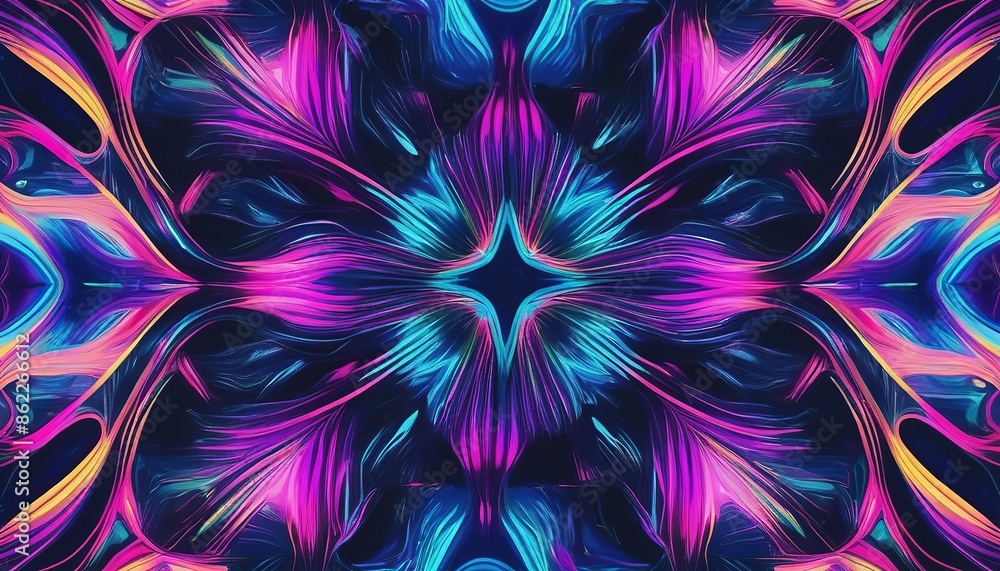 Poster kaleidoscope of neon: geometric abstract pattern with symmetrical lines