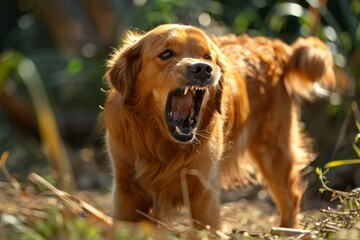 Obraz premium An aggressive Labrador Retriever with an angry expression, ready to pounce, standing tall and barking menacingly, demonstrating its rare display of aggression 