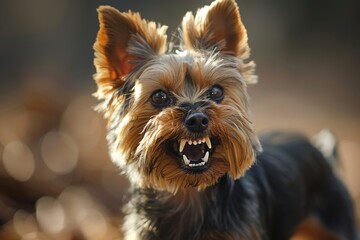 Naklejka premium An aggressive Yorkshire Terrier with a bold expression, prepared to strike, standing defiantly and barking aggressively, demonstrating its fierce attitude 
