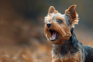 An aggressive Yorkshire Terrier with a bold expression, prepared to strike, standing defiantly and barking aggressively, demonstrating its fierce attitude 