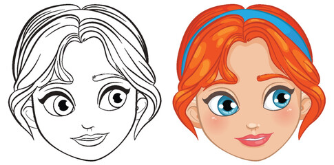 Illustration of a girl's face, colored and outline