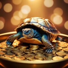 Naklejka premium A stunning fantasy image of a turtle surrounded by shimmering golden coins