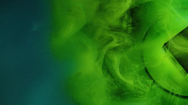 Color smoke wave. Ink water drop. Defocused bright neon green vapor round diamond glass cube reveal motion geometric abstract art background.
