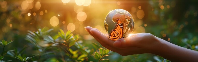 Protecting the Ozone: A Woman's Hand Supports Earth on World Environment Day with Butterfly...
