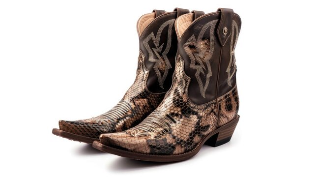 Women s brown snakeskin cowboy boots on isolated background Snake ankle boots pattern close up Fashionable casual female footwear with brown snake print Copy space - Powered by Adobe