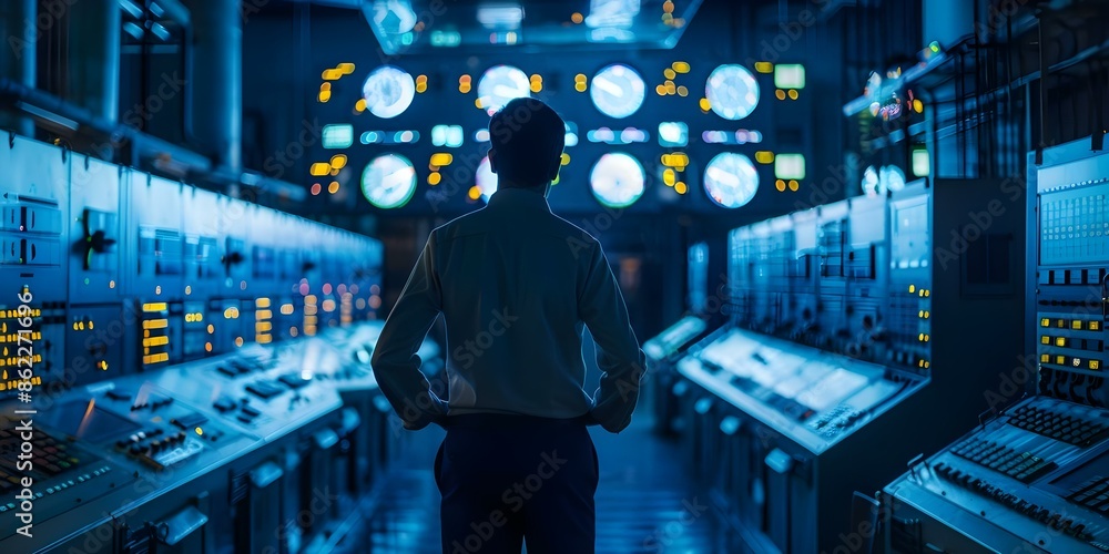 Poster efficiently monitoring and adjusting electric voltage levels in a power plant control room. concept 