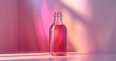 Glass bottle with pink liquid on a reflective surface