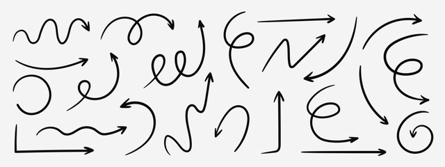 Arrow vector sketch icons set.  Swirl arrow doodle sign. Vector illustration.