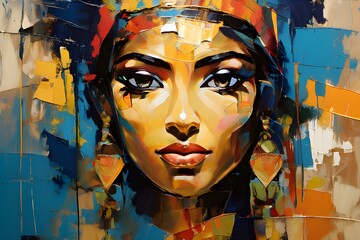 An abstract oil painting of an Egyptian woman's face, capturing her timeless beauty and cultural richness through a vibrant and multi-colored palette.