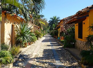 Fototapeta premium A cobblestone street in a small village with colorful houses and lush vegetation