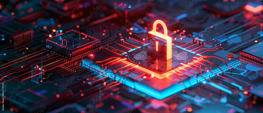 Poster a blank podium showcase featuring a digital security theme with a glowing padlock on a circuit board
