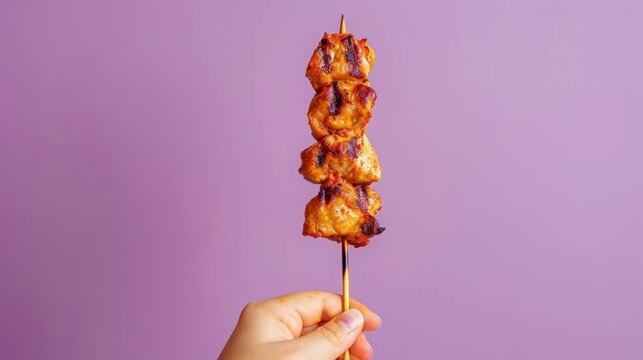 A brocheta skewer gripped by a hand, set against a solid purple background with copy space