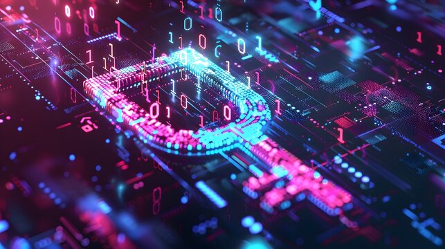 Abstract Cybersecurity Concept Key Formed from Binary Code Entering Abstract Lock, AI Generated