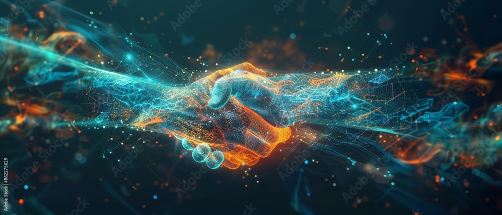 Poster a creative depiction of a handshake made of neonlit lines and digital nodes