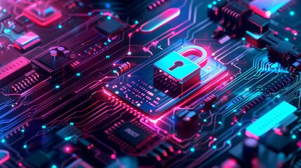 Obraz premium A creative depiction of digital security with a neonlit padlock on a detailed circuit board