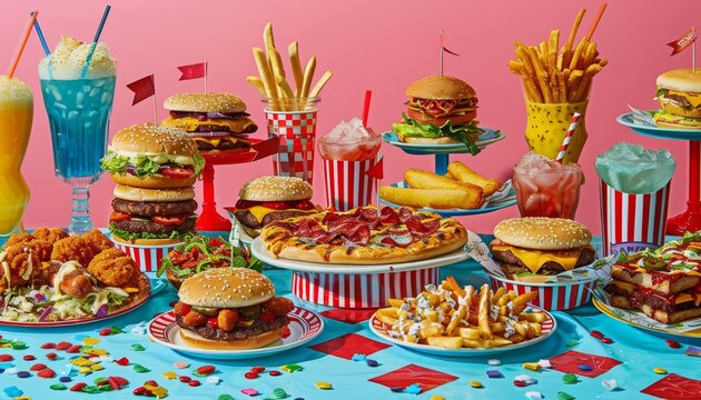 A creative fast food feast on a retrothemed table with burgers