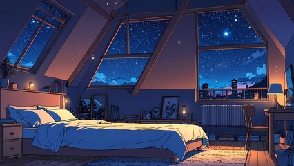 Bedroom scene with night scape window Anime style illustration, anime flat art, anime background