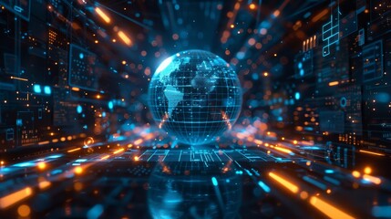 Fototapeta premium Digital Transformation in Futuristic Business: Holographic Globe and Technology Integration