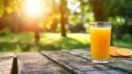 A glass of freshly squeezed orange juice on a wooden picnic table with a sunny park in the background