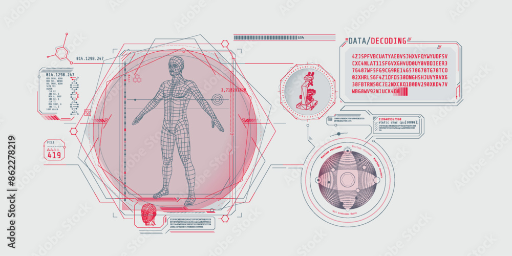 Poster medical research futuristic interface screen with data decoding.