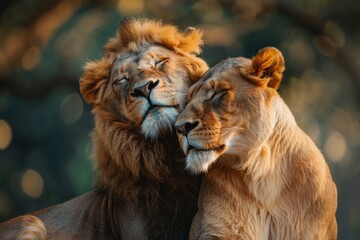 Obraz premium A pair of lions lounging in the savannah, surrounded by the wild and dangerous African landscape. Close-up portrait of two predators.