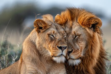 Obraz premium A pair of lions lounging in the savannah, surrounded by the wild and dangerous African landscape. Close-up portrait of two predators.
