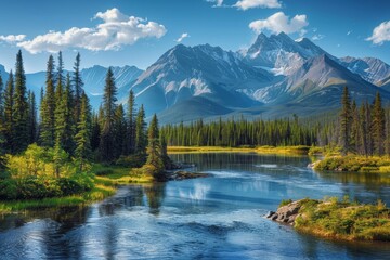 Obraz premium Jasper National Park, Canada, offers a breathtaking vista of rugged mountains, glacier-fed rivers carving through valleys, and vast expanses of pristine wilderness teeming with diverse flora and fauna
