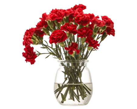 A bouquet of little red carnations in glass vase, close-up isolated on a transparent background - Powered by Adobe