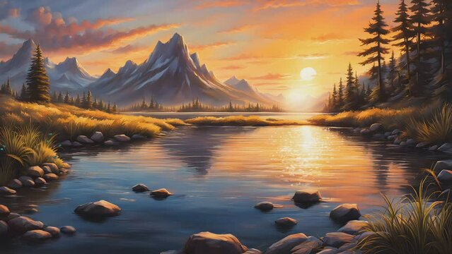 sunset view in the middle of a mountain river, video 