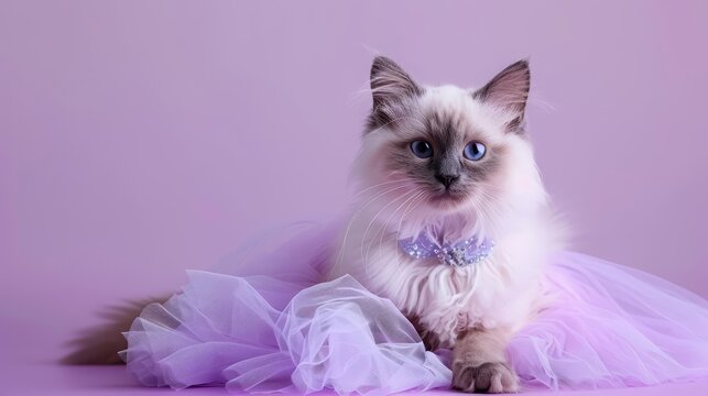 A ragdoll cat in a fancy dress, lounging elegantly on a solid purple background with plenty of copy space