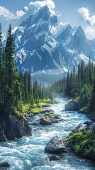 Obraz premium Jasper National Park, Canada, offers a breathtaking vista of rugged mountains, glacier-fed rivers carving through valleys, and vast expanses of pristine wilderness teeming with diverse flora and fauna