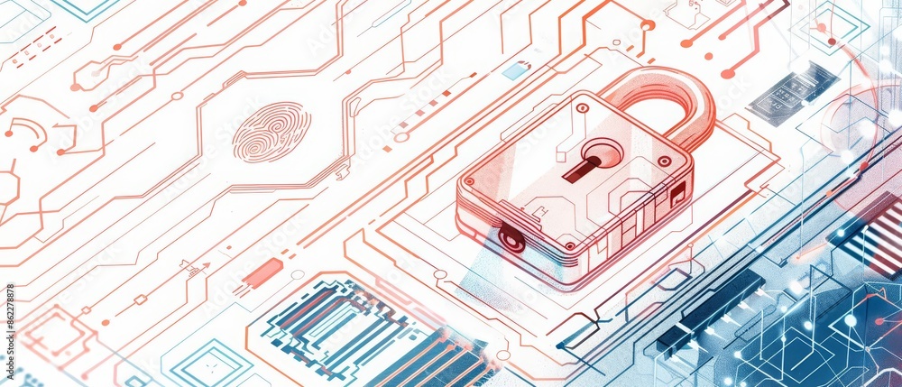 Poster a sketch illustration of a digital security scene with a padlock on a circuit board