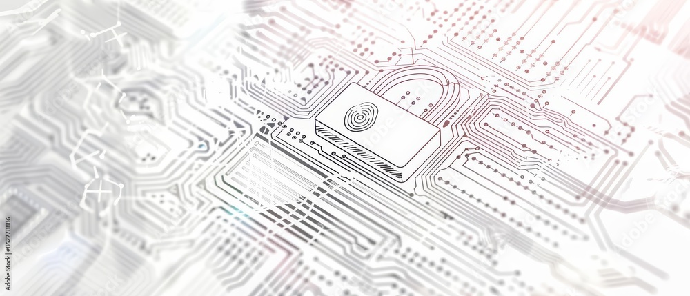 Poster a sketch illustration of a digital security scene with a padlock on a circuit board