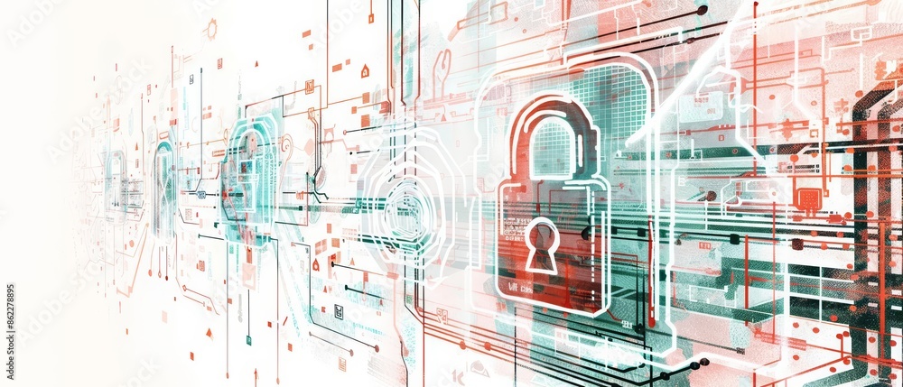 Poster a sketch illustration of a digital security scene with a padlock on a circuit board