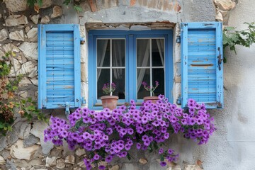 A lovely window with blue shutters is framed by bright purple flowers on a stone wall, creating a charming and scenic scene.






